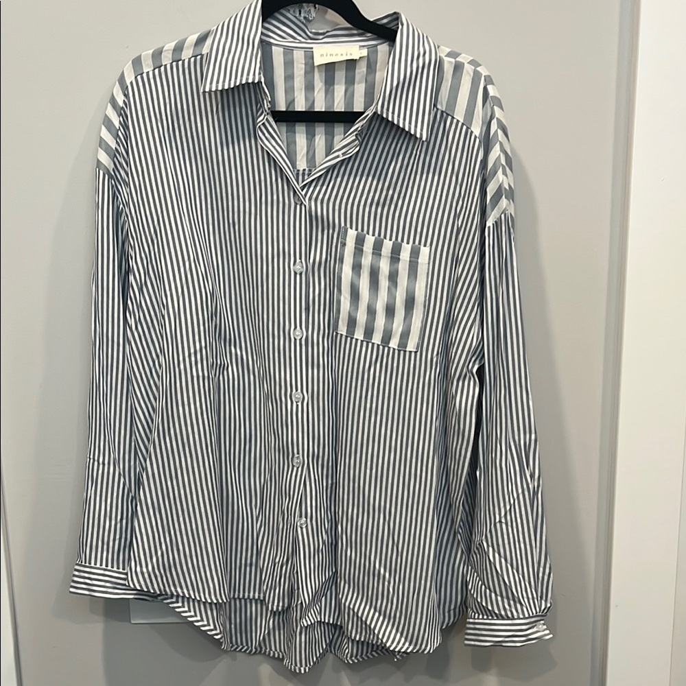 Gray Button Down Shirt with Vertical Stripes and Relaxed Fit